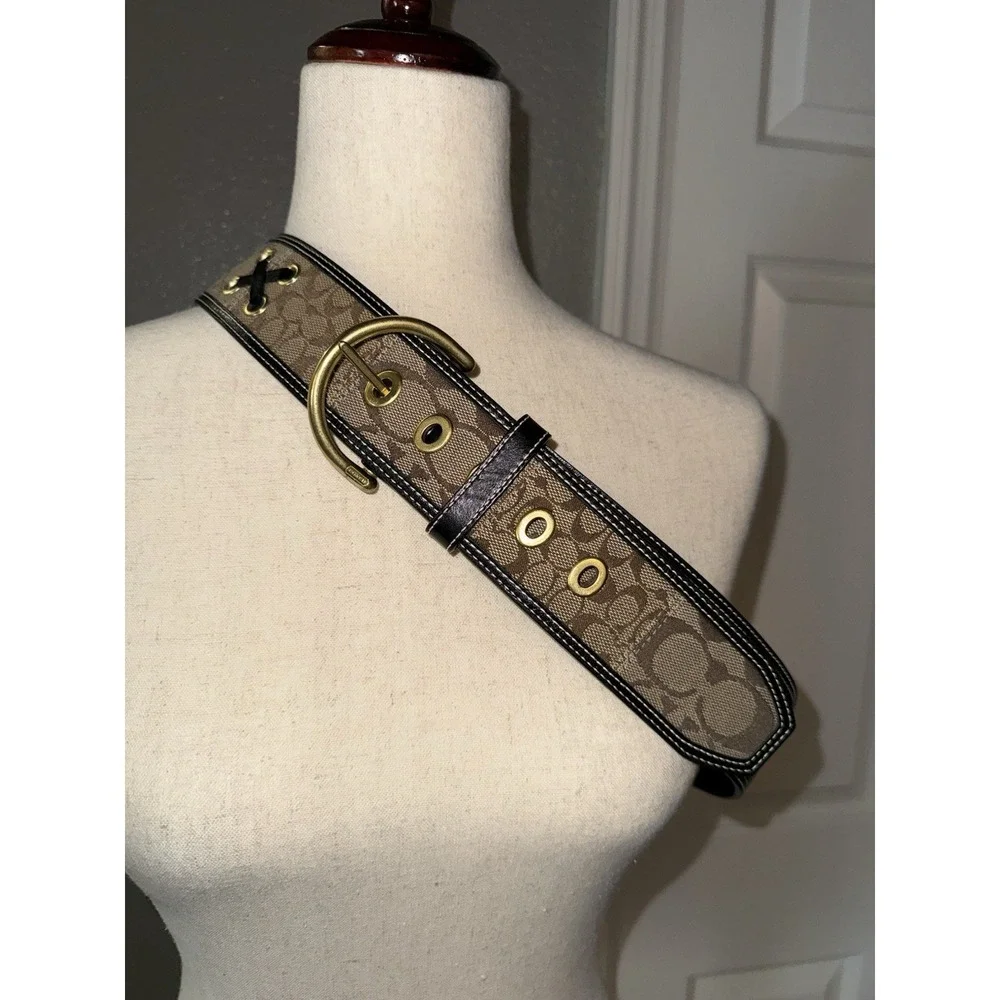 Coach Monogram Canvas and Leather Wide Boho‎ Western Belt in Tan and Brown Sz L